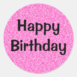 Pegatina Redonda Feliz Cumpleaños Glam Negro Brillo Rosa Caliente