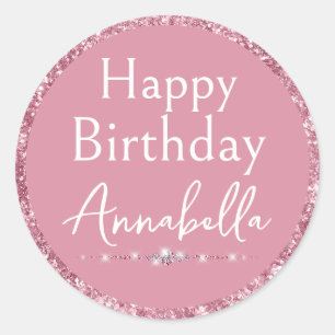Pegatina Redonda Feliz Cumpleaños Glamuroso Brillo Rosa y Diamantes