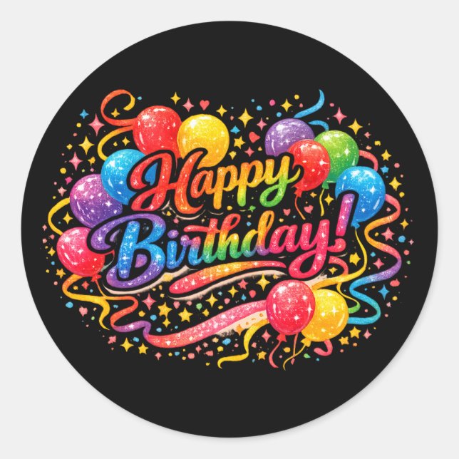 Pegatina Redonda Feliz Cumpleaños Globos de Arcoíris Festivos Confe (Anverso)