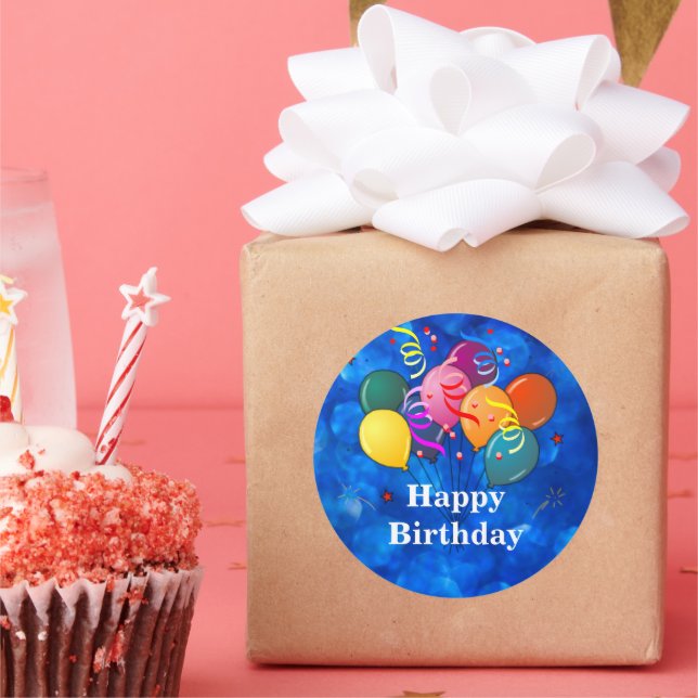 Pegatina Redonda "Feliz cumpleaños", globos de celebración