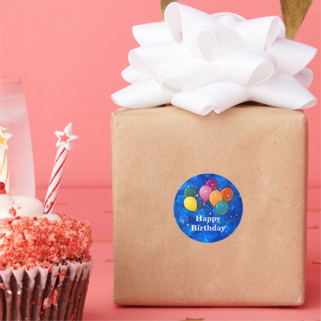 Pegatina Redonda Feliz cumpleaños, globos de celebración (Fiesta)