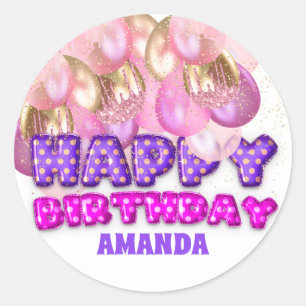 Pegatina Redonda Feliz cumpleaños Globos Oro Púrpura Rosa
