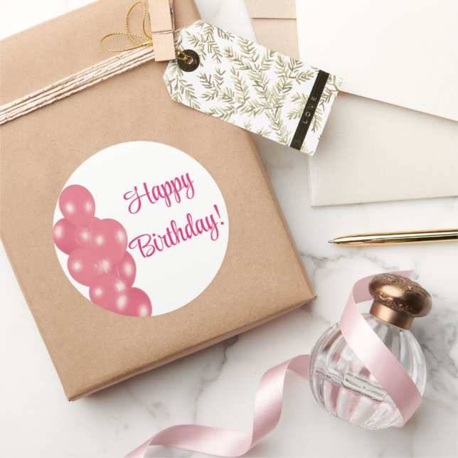 Pegatina Redonda Feliz cumpleaños globos rosados simples limpios (Regalar)