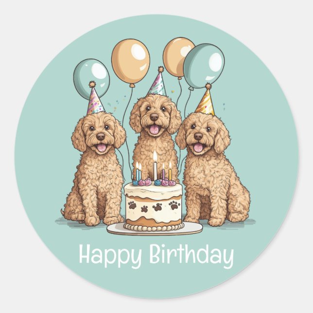 Pegatina Redonda Feliz cumpleaños Goldendoodle Dogs (Anverso)