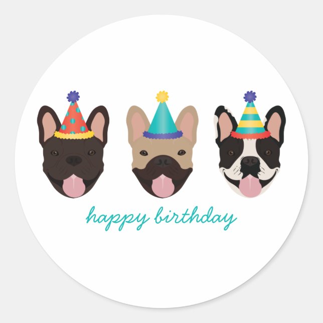 Pegatina Redonda Feliz cumpleaños, Gorras Fiestas de Bulldog francé (Anverso)