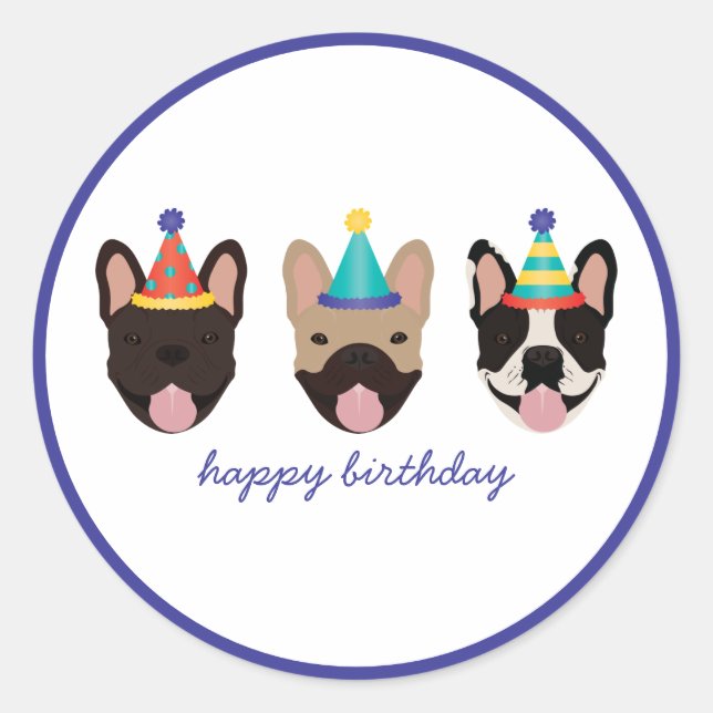 Pegatina Redonda Feliz cumpleaños, Gorras Fiestas de Bulldog francé (Anverso)