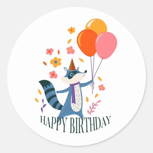 Pegatina Redonda Feliz cumpleaños, Ilustracion de Fox (Anverso)