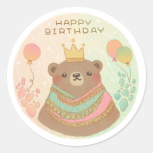 Pegatina Redonda Feliz cumpleaños Ilustracion Teddy Bear