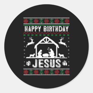 Pegatina Redonda Feliz Cumpleaños Jesús Fiesta Suéter Feo Navidad