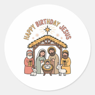 Pegatina Redonda Feliz Cumpleaños Jesús Outfit de Navidad Cristiano