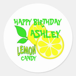 Pegatina Redonda Feliz cumpleaños, limón amarillo