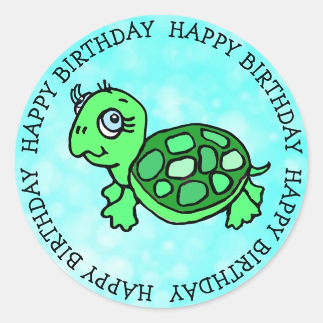 Pegatina Redonda Feliz cumpleaños, linda tortuga tropical (Anverso)