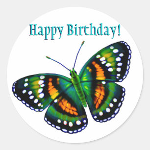 Pegatina Redonda Feliz cumpleaños, mariposa verde tropical Verde az