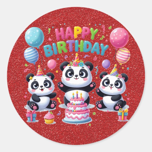 Pegatina Redonda Feliz cumpleaños, mis tres pandas, (Anverso)