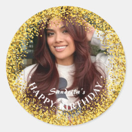 Pegatina Redonda Feliz Cumpleaños Moderno Simple Foto Personalizada