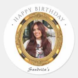 Pegatina Redonda Feliz Cumpleaños Moderno Simple Foto Personalizada