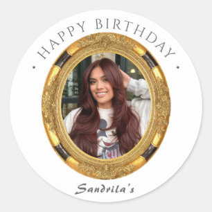 Pegatina Redonda Feliz Cumpleaños Moderno Simple Foto Personalizada