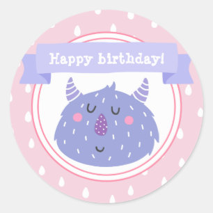 Pegatina Redonda ¡Feliz cumpleaños! Monstruo Cute Purple