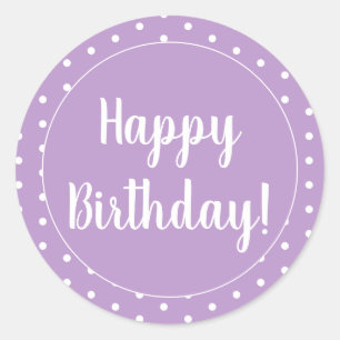 Pegatina Redonda Feliz cumpleaños morado Lilac Polka Dot