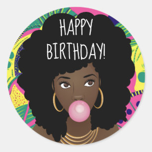 Pegatina Redonda ¡Feliz cumpleaños! Mujer negra, bblegum, colorid