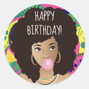 Pegatina Redonda ¡Feliz cumpleaños! Mujer negra, bblegum, colorido