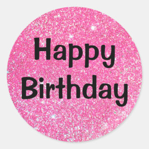 Pegatina Redonda Feliz Cumpleaños Negro Brillante Rosa Glitter Bril