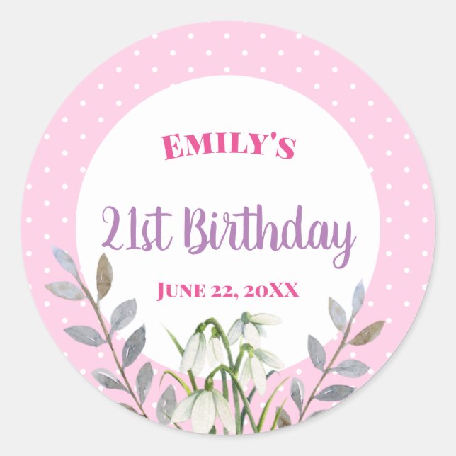 Pegatina Redonda Feliz cumpleaños, nieve blanca, Punto de Polka Ros (Anverso)