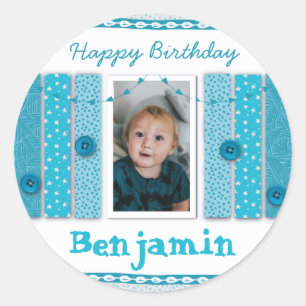 Pegatina Redonda Feliz Cumpleaños Niño Azul Scrapbooking