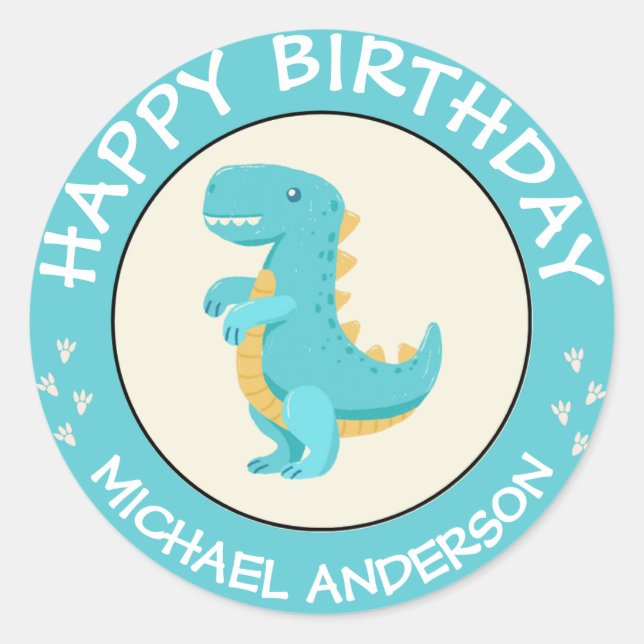 Pegatina Redonda Feliz cumpleaños nombre dinosaurio bebé azul (Anverso)