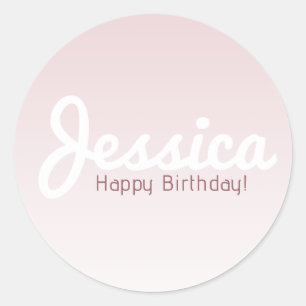 Pegatina Redonda Feliz Cumpleaños, Nombre Personalizable Rosa Omb