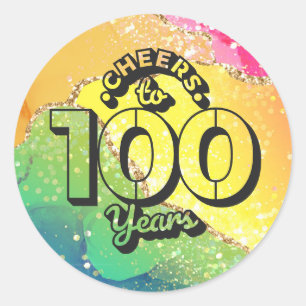 Pegatina Redonda Feliz cumpleaños número 100 a cien años en arco ir