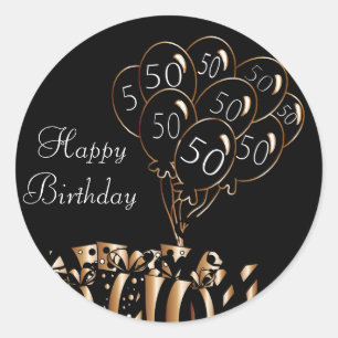 Pegatina Redonda Feliz cumpleaños número 50   Globos negros