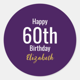 Pegatina Redonda Feliz cumpleaños número 60 Nombre Dorado Morado Bl
