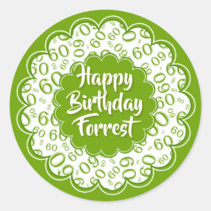 Pegatina Redonda Feliz cumpleaños número 60 Patrón verde y blanco