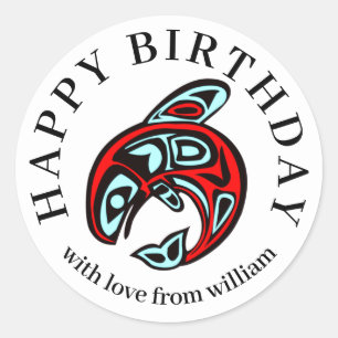 Pegatina Redonda Feliz Cumpleaños Orca Nativa Ballena Asesina Arte