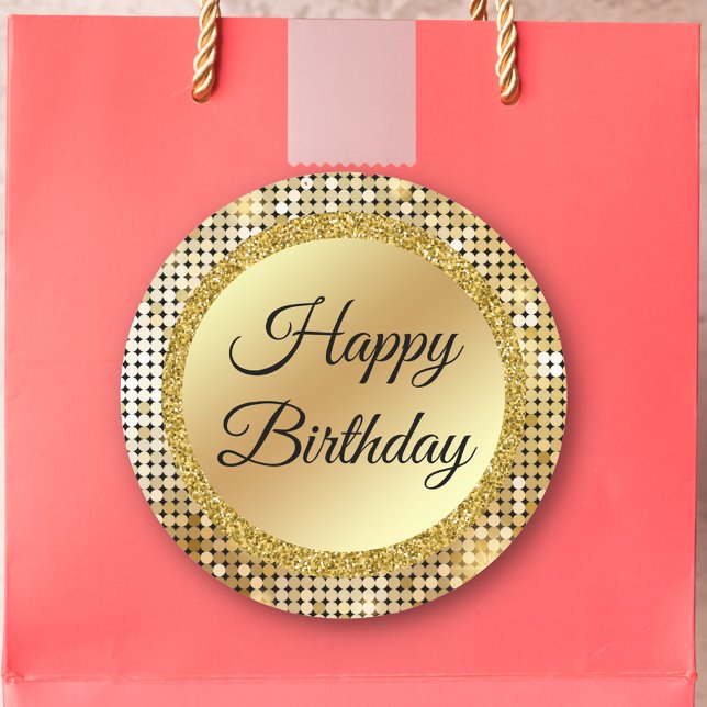 Pegatina Redonda feliz cumpleaños oro purpurinas luces disco retro (Subido por el creador)