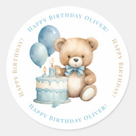 Pegatina Redonda Feliz Cumpleaños Oso de Acuarela y Torta