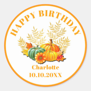 Pegatina Redonda Feliz cumpleaños Otoño Hojas de arce y calabazas