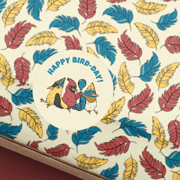 Pegatina Redonda Feliz Cumpleaños Pájaro Dibujos Animados Tema Cump