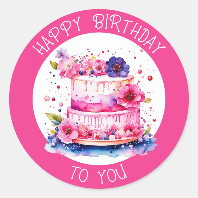 Pegatina Redonda Feliz Cumpleaños Para Ti | Torta caprichosa (Anverso)