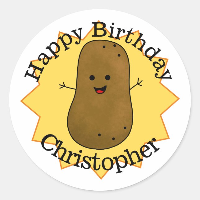 Pegatina Redonda Feliz Cumpleaños Patata Personalizada  (Anverso)