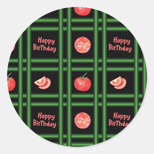 Pegatina Redonda Feliz cumpleaños - Patrón de tomate fresco (Anverso)