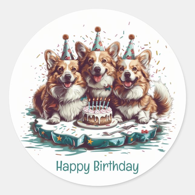 Pegatina Redonda Feliz cumpleaños Pembroke Welsh Corgi Dogs (Anverso)