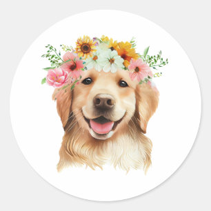 Pegatina Redonda Feliz cumpleaños, perro con flores.