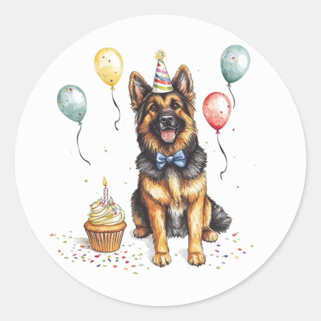 Pegatina Redonda Feliz cumpleaños perro pastor alemán (Anverso)