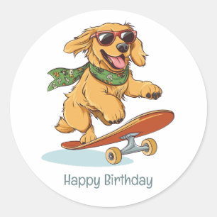 Pegatina Redonda Feliz Cumpleaños Perro Retriever Dorado Patinando