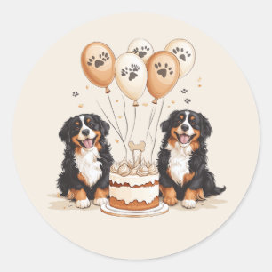 Pegatina Redonda Feliz cumpleaños, perros de montaña de Bernese