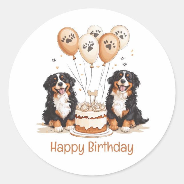 Pegatina Redonda Feliz cumpleaños, perros de montaña de Bernese (Anverso)