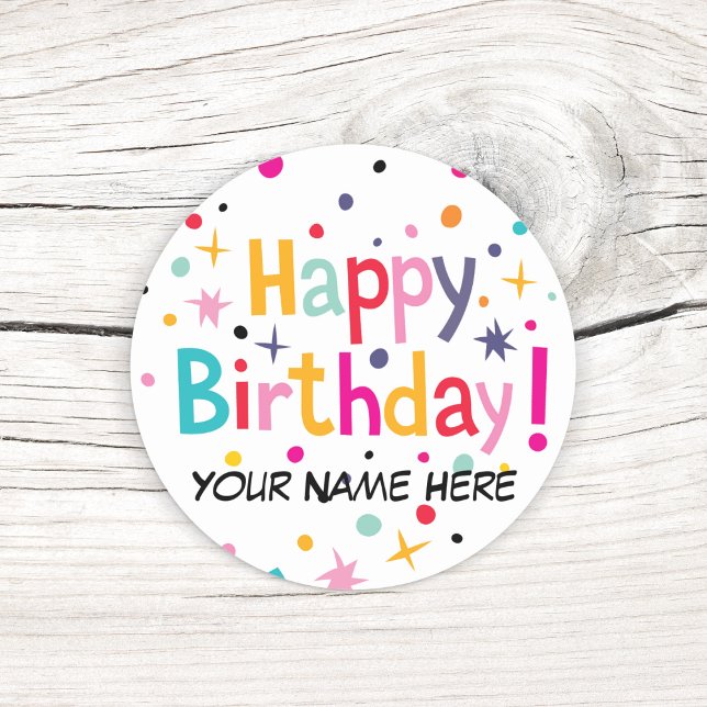 Pegatina Redonda Feliz cumpleaños Personalizable retro (Add a name to these colorful retro birthday stickers.)