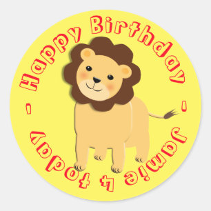 Pegatina Redonda Feliz cumpleaños Personalizado león de la jungla p